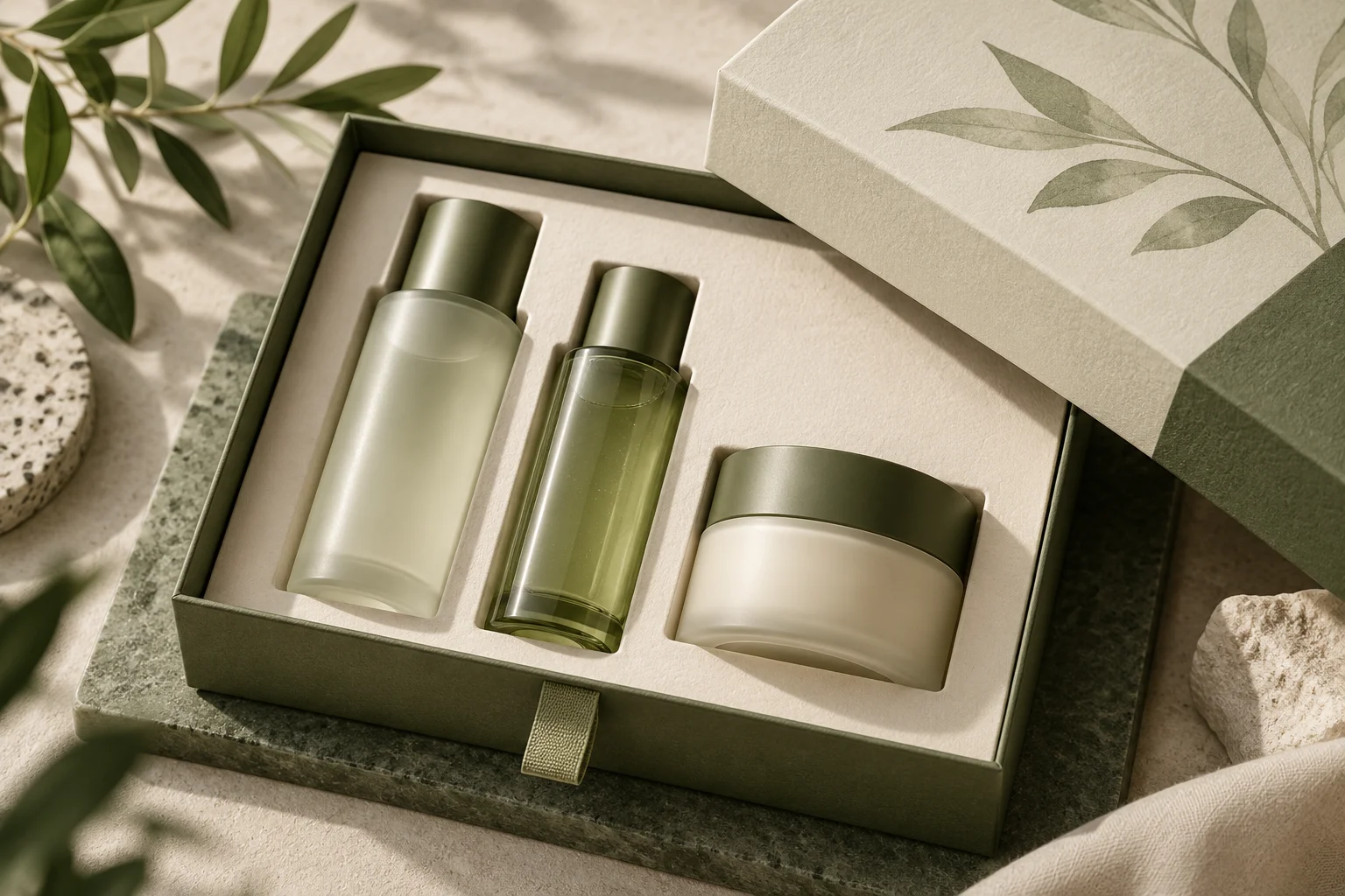 AI concept of a compact skincare gift set with a fitted paper tray