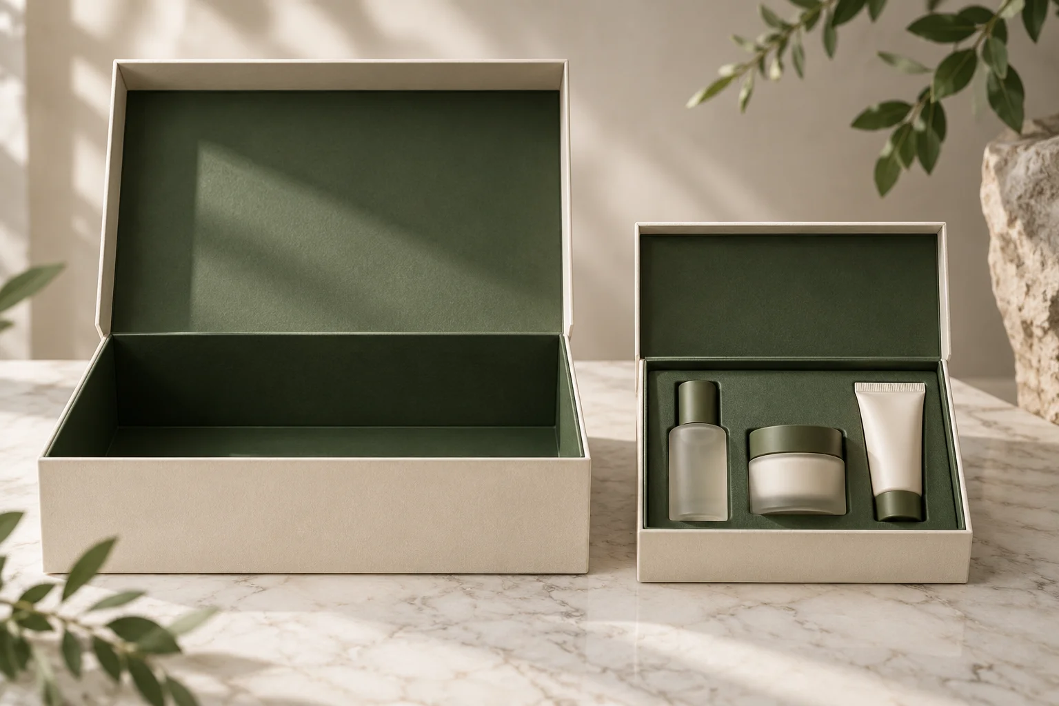 AI concept comparing oversized and compact gift boxes for the same beauty set