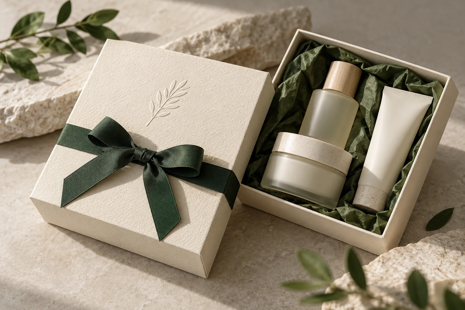 AI concept of restrained paper texture and embossing on a beauty gift pack