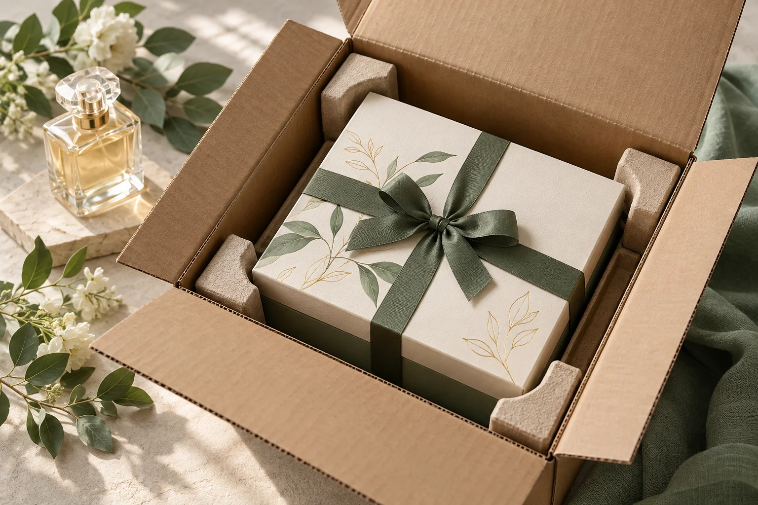 AI concept of a fragrance gift box protected inside a corrugated shipper