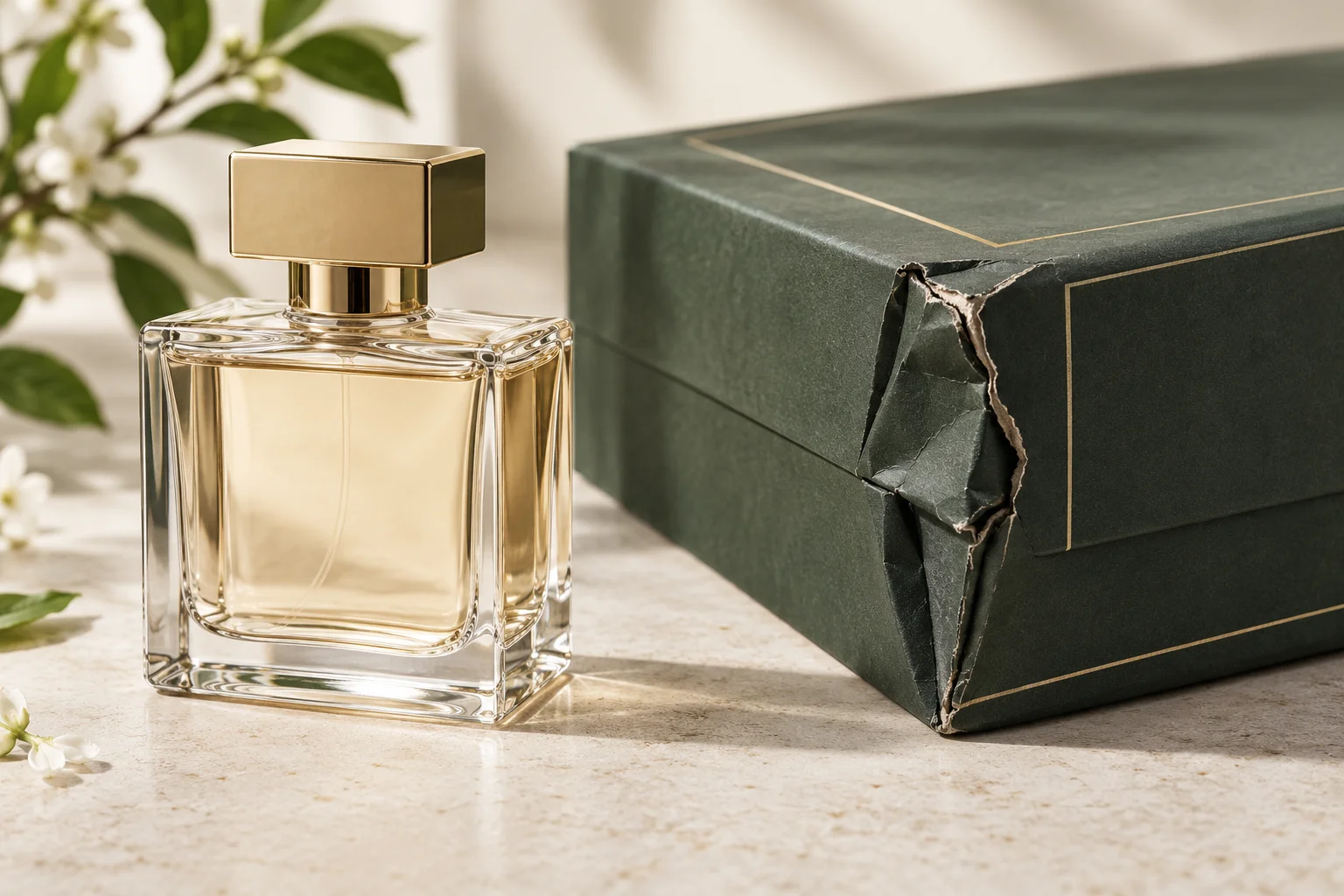 AI concept comparing a sound perfume bottle with a damaged presentation-box corner