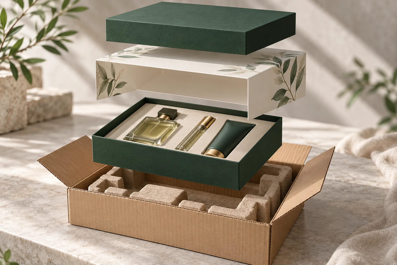 AI exploded concept of a perfume gift box, insert and outer shipping layer