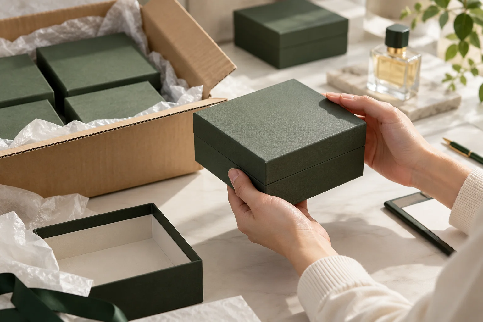 AI concept of hands checking fragrance gift-box corners after unpacking
