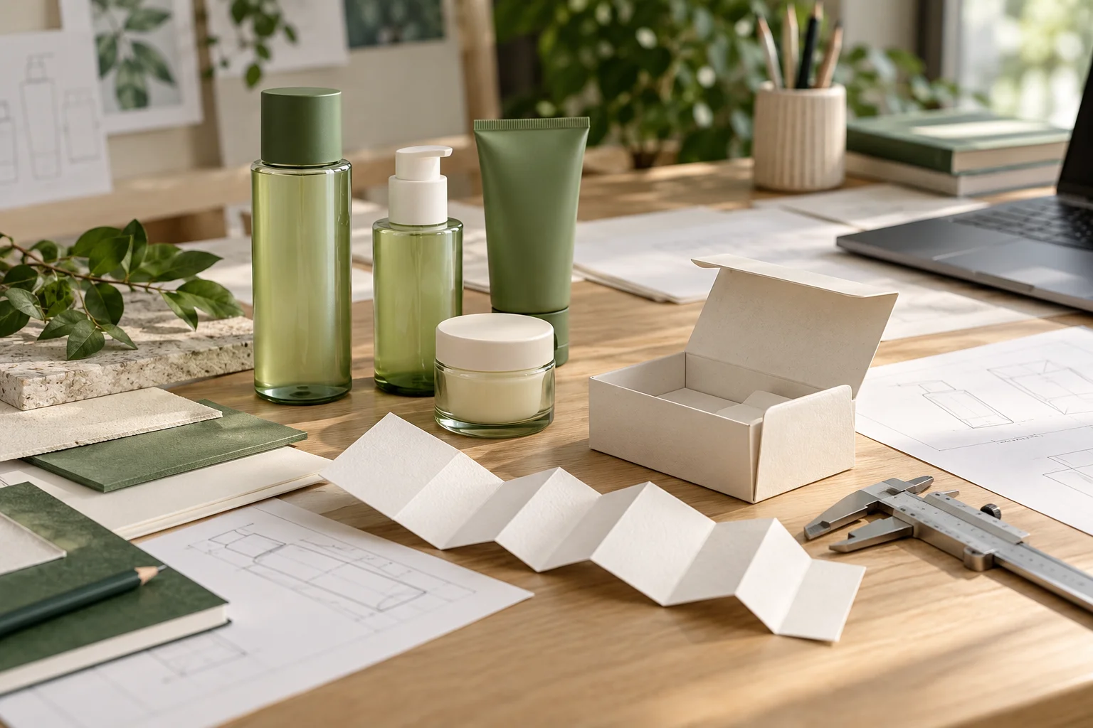 AI concept of measuring filled serum bottles beside a paper insert prototype