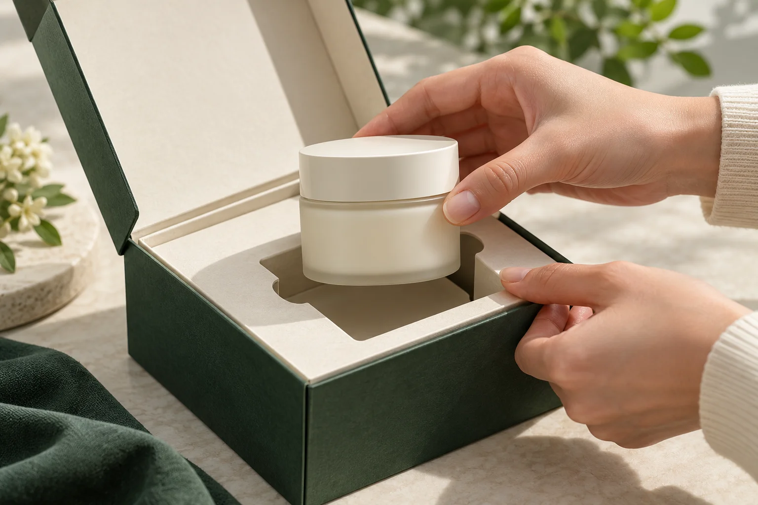 AI concept of a hand lifting a cream jar through paper-tray finger notches