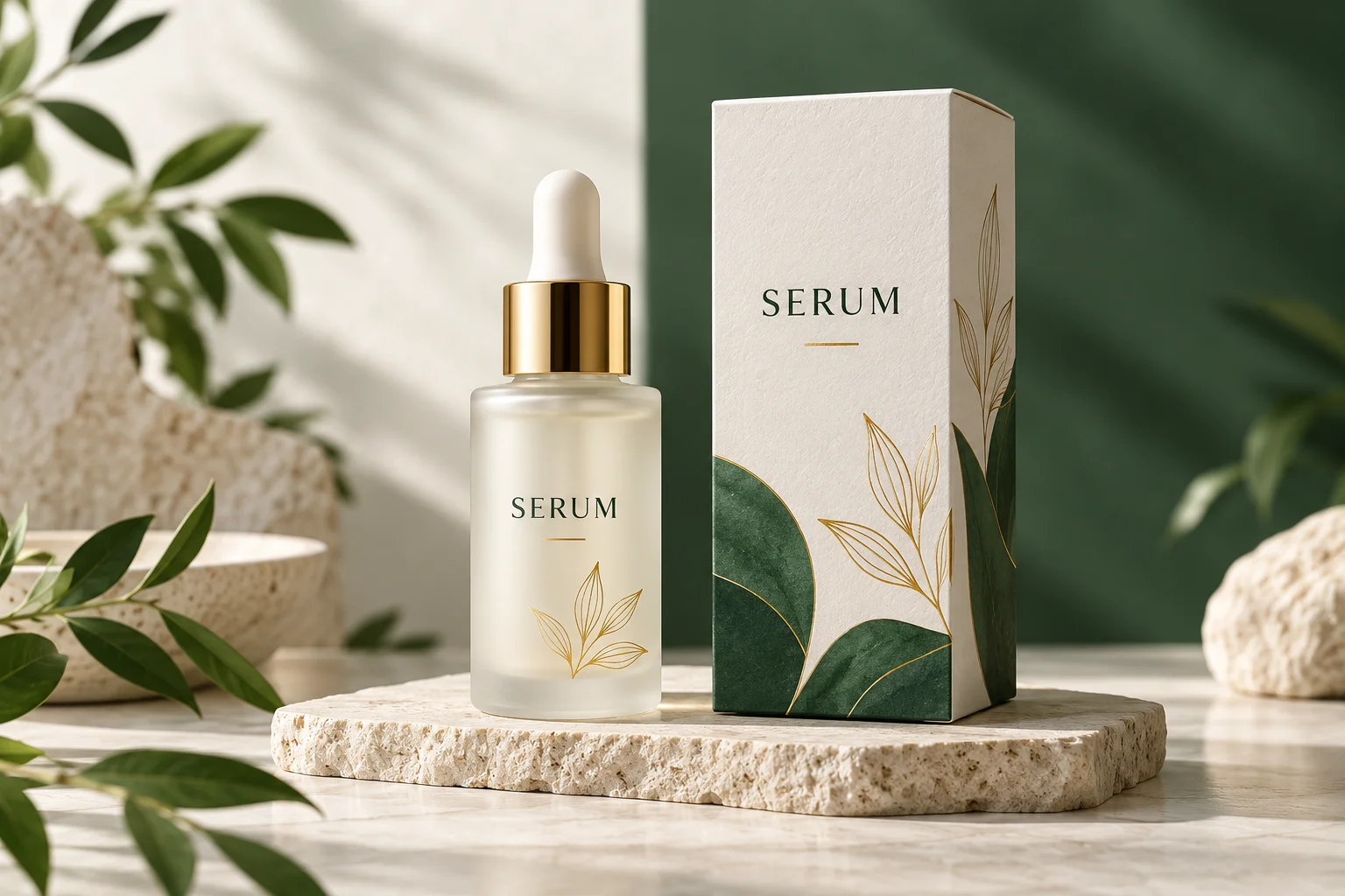AI concept of a skincare carton with clear dark product text and a discreet foil motif