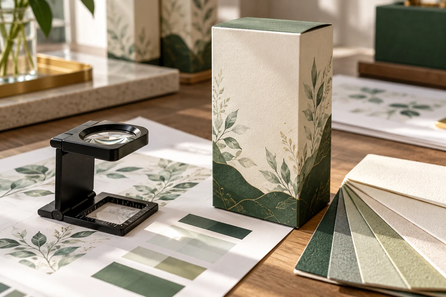 AI concept of a printed carton proof with a loupe and substrate samples