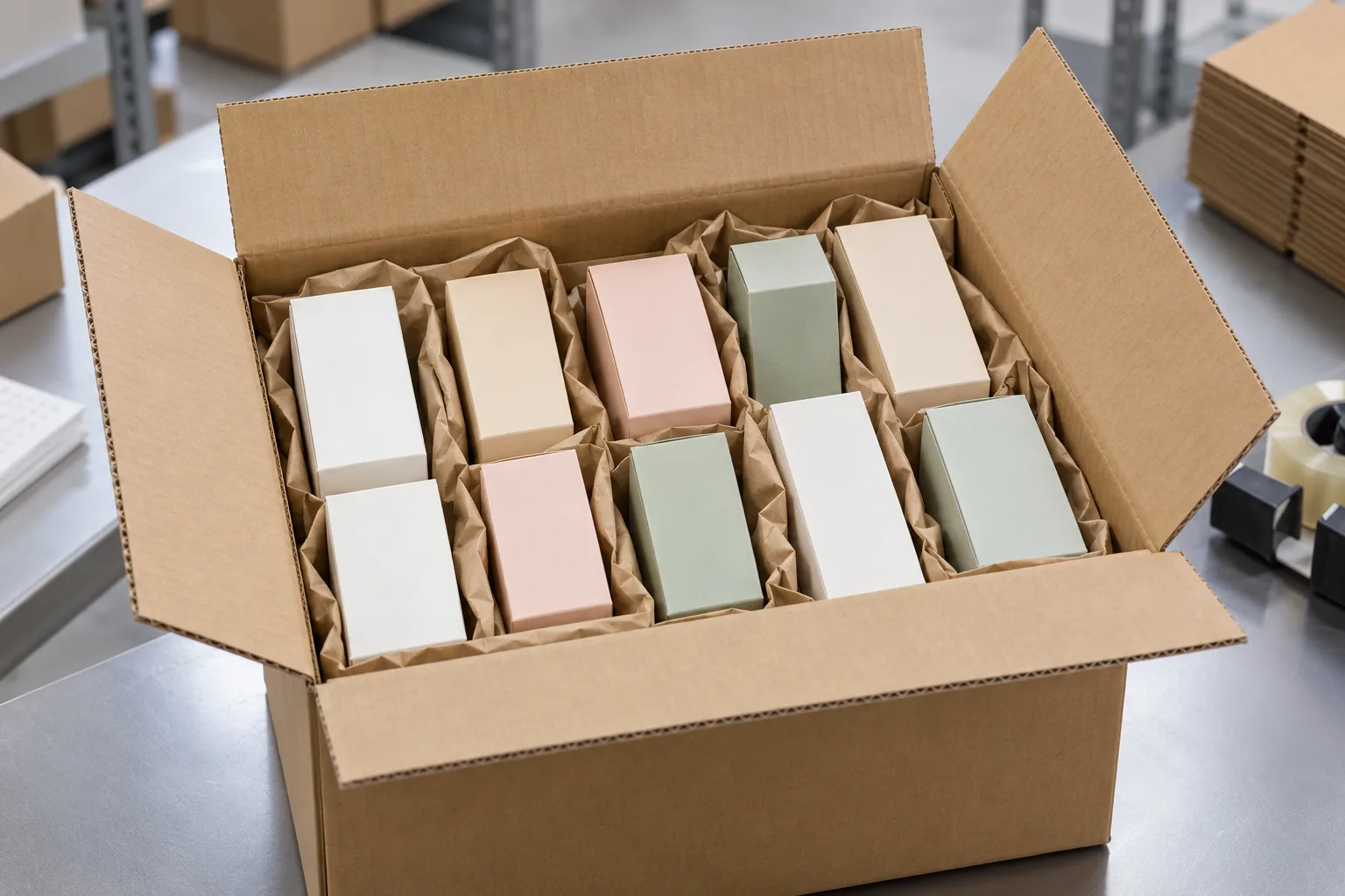 AI-generated concept of an unbranded skincare carton prepared beside a fulfilment mailer