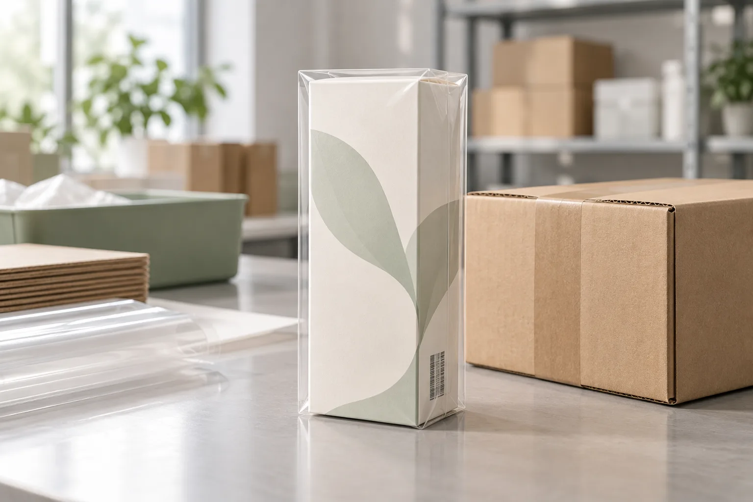 AI-generated concept of an unbranded carton with a reserved barcode area on a packing bench