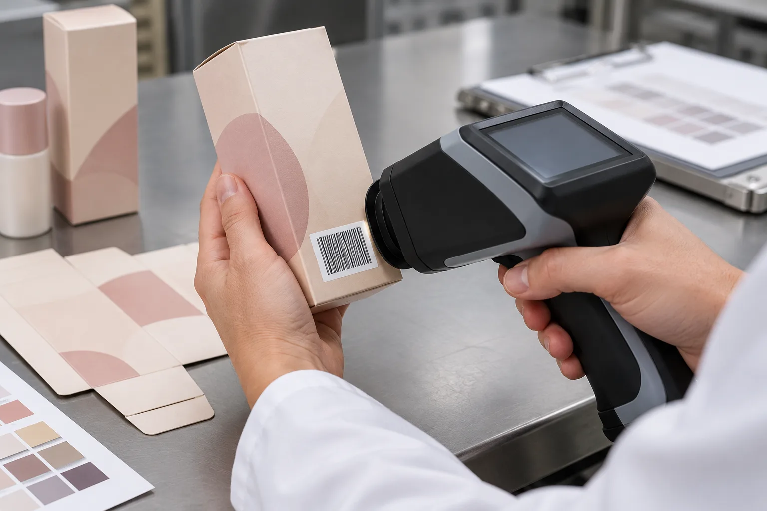AI-generated concept of a barcode verifier beside an unbranded cosmetic carton