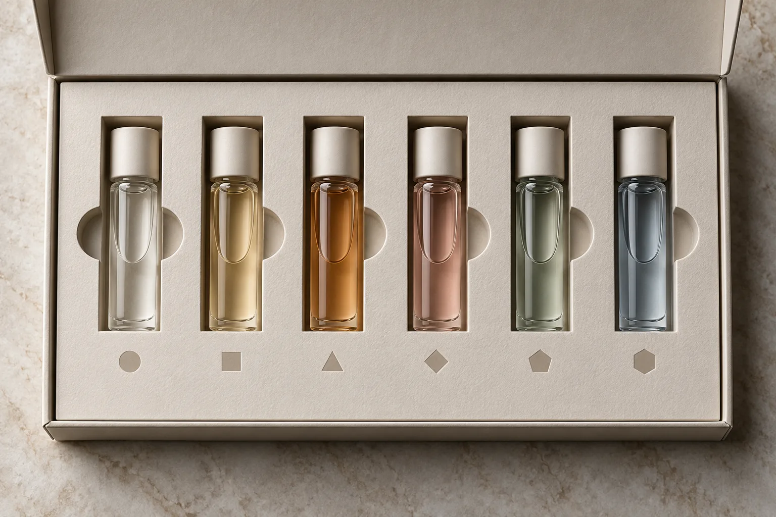 AI-generated top view of unbranded fragrance sample vials in individual paperboard cavities