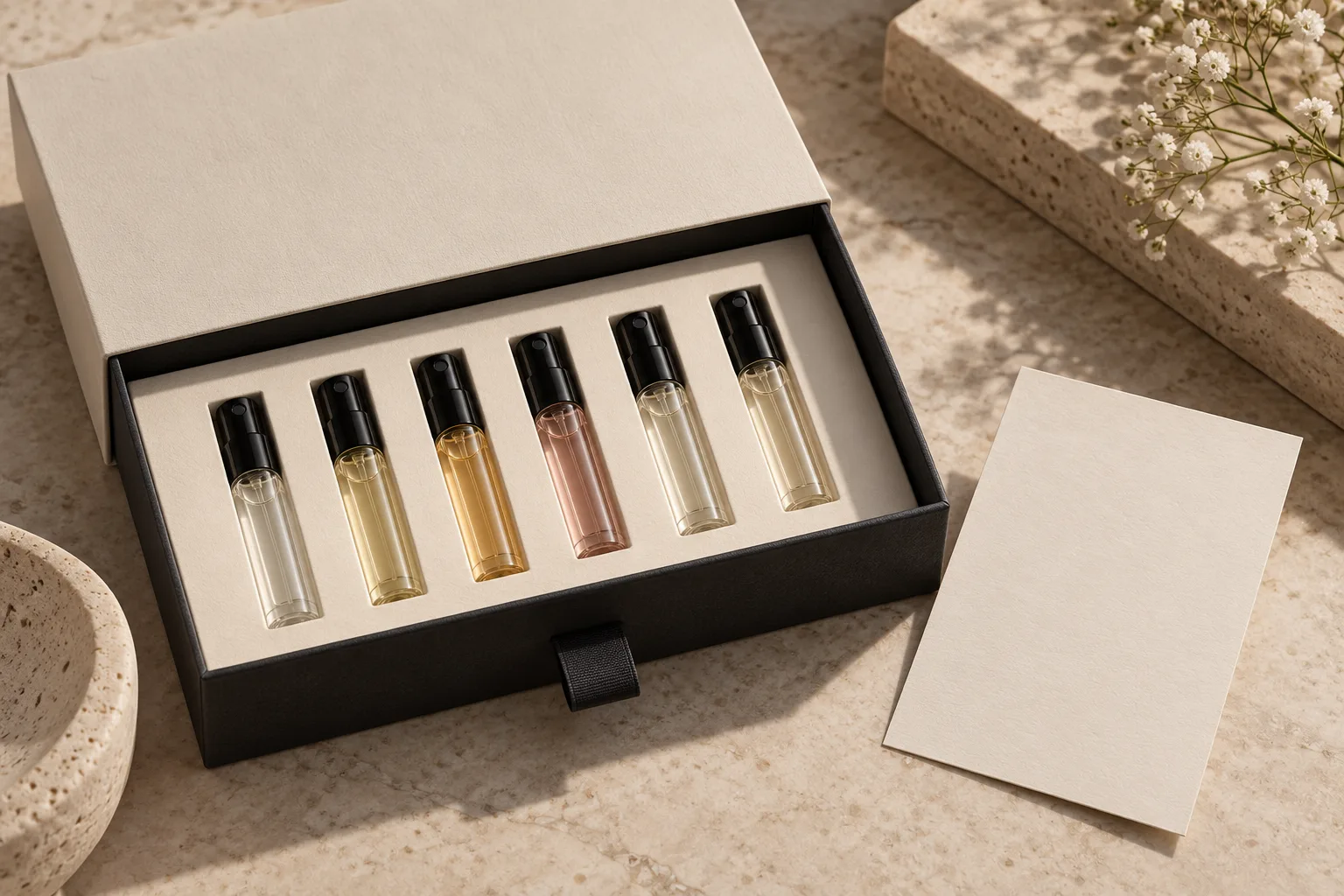 AI-generated concept of unbranded fragrance samples held in a fitted discovery-set insert