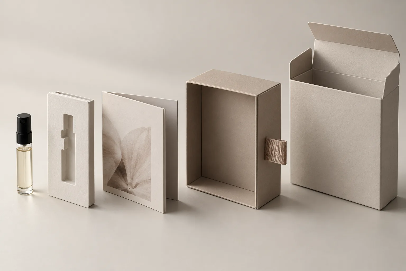AI-generated layered arrangement of a vial, insert, card, presentation box and shipping mailer