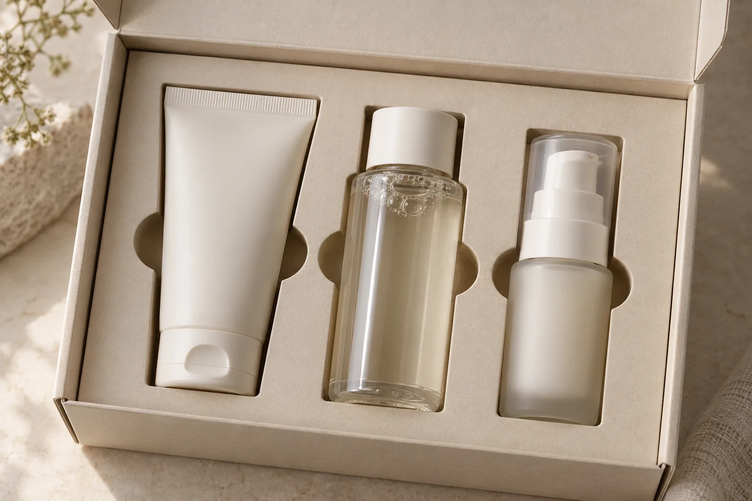 AI-generated concept of small skincare containers held with finger-removal space in a paperboard insert