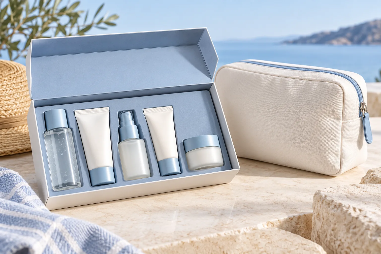 AI-generated concept of an unbranded travel-size skincare set in a fitted compact carton