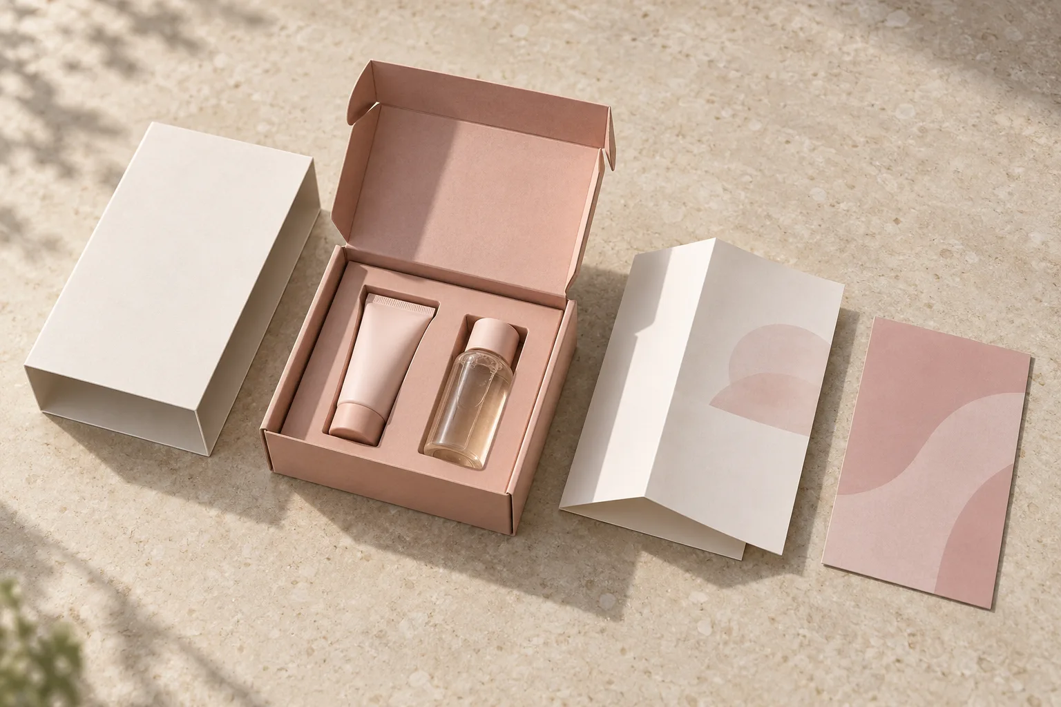 AI-generated concept of compact beauty-set components arranged in packaging layers