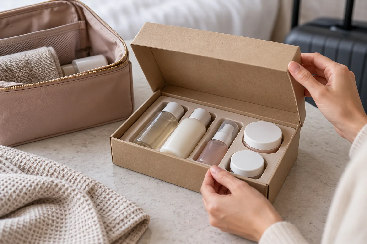 AI-generated concept of hands checking an unbranded travel beauty set beside a carry-on pouch