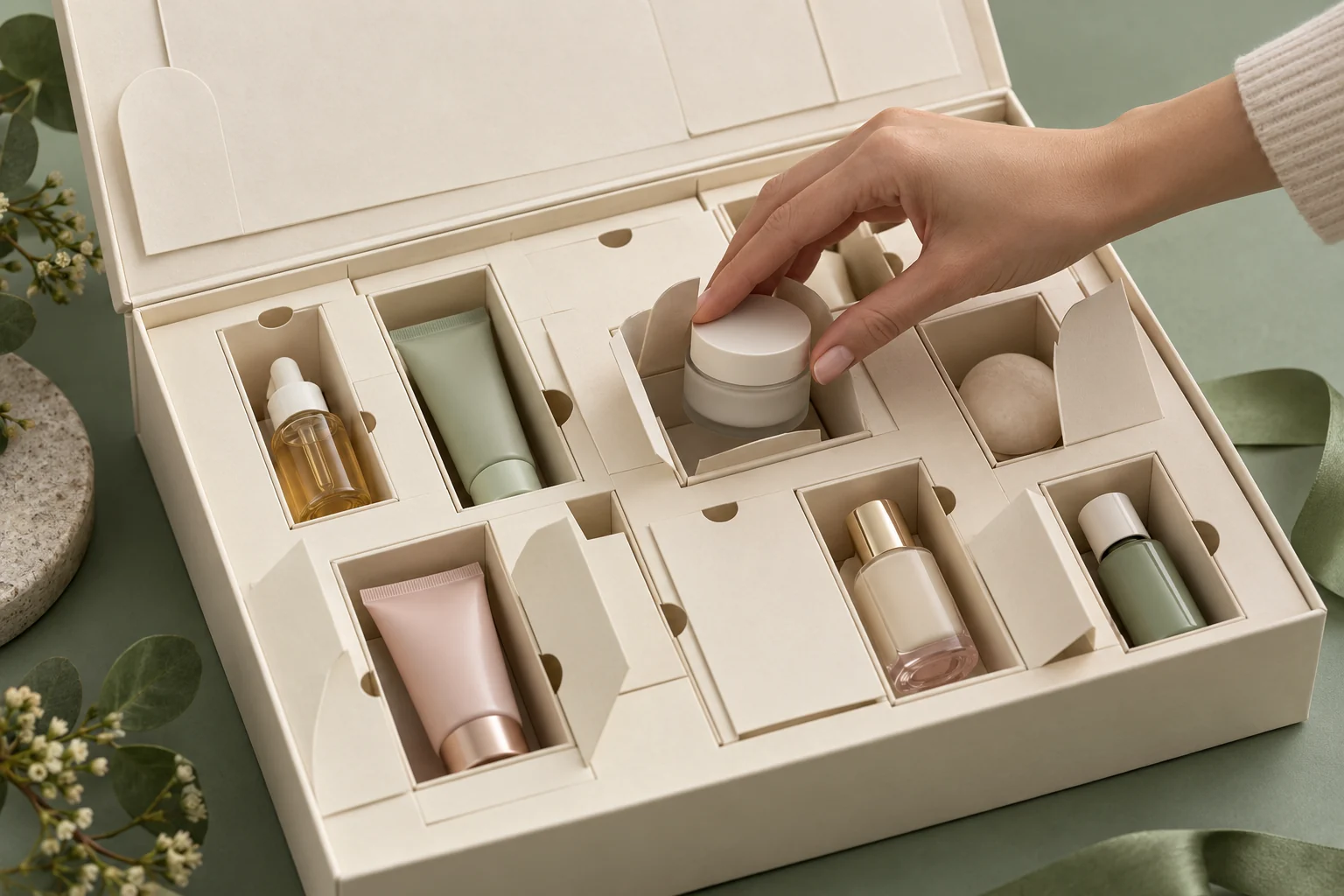 AI concept of a miniature skincare jar placed into a calendar compartment