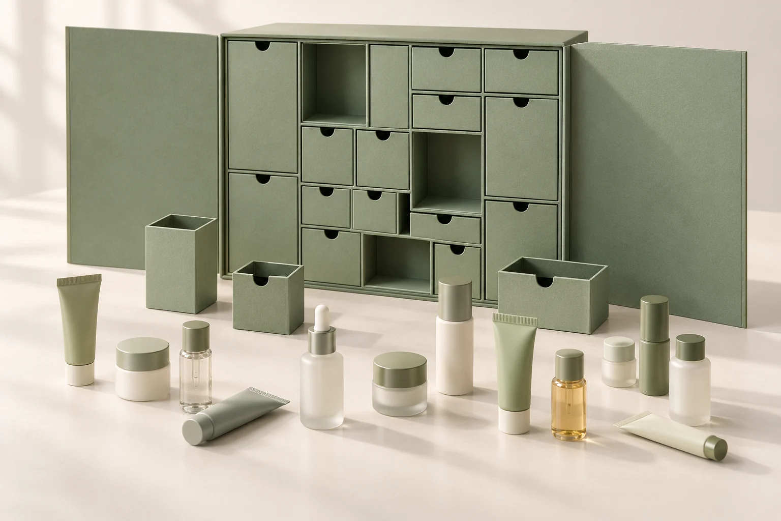 AI-generated concept of a beauty advent calendar and its miniature skincare assortment