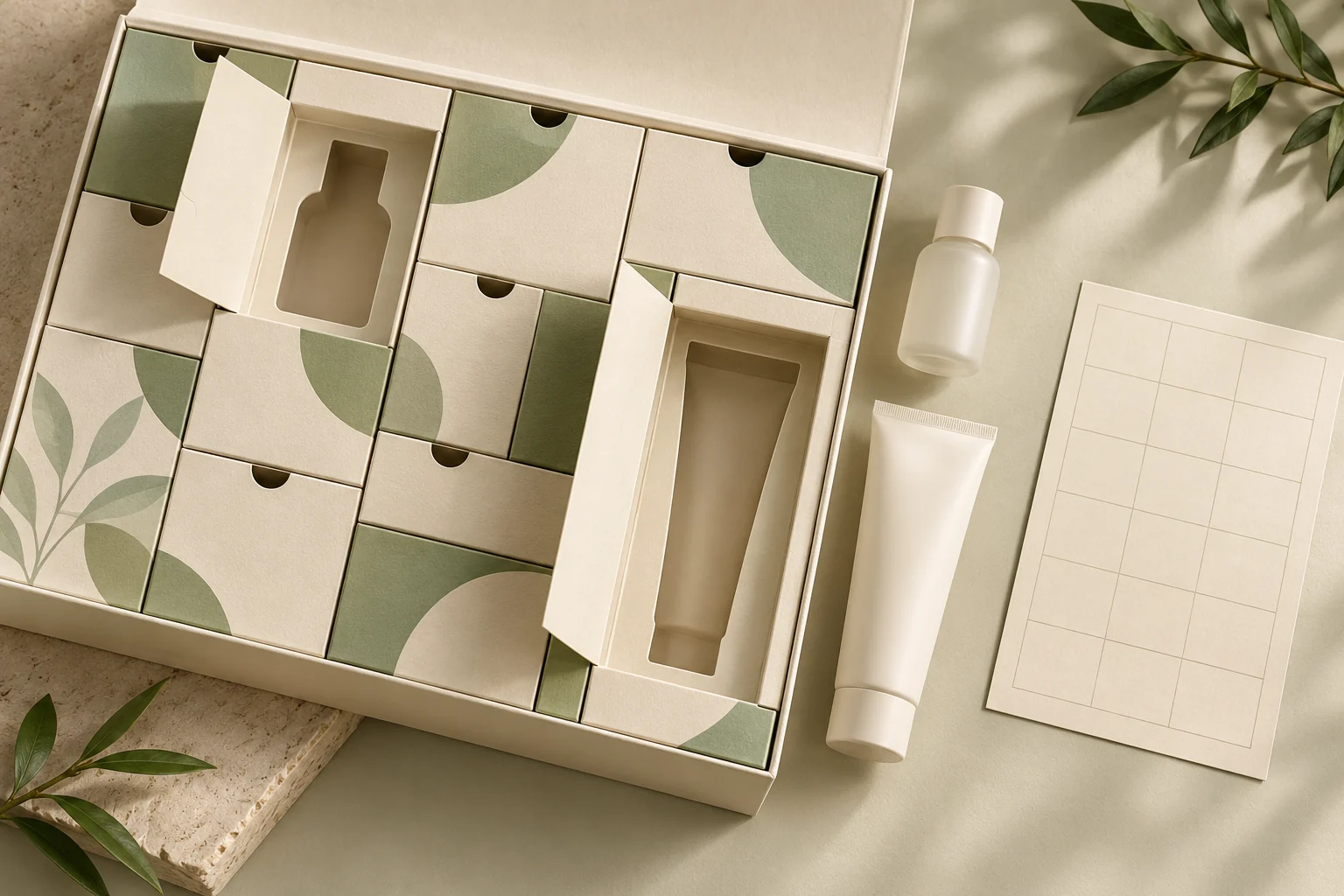 AI concept of beauty products matched to open calendar compartments