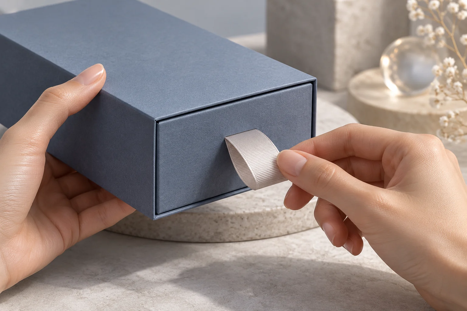 AI concept of hands gripping a broad ribbon pull while supporting a box sleeve