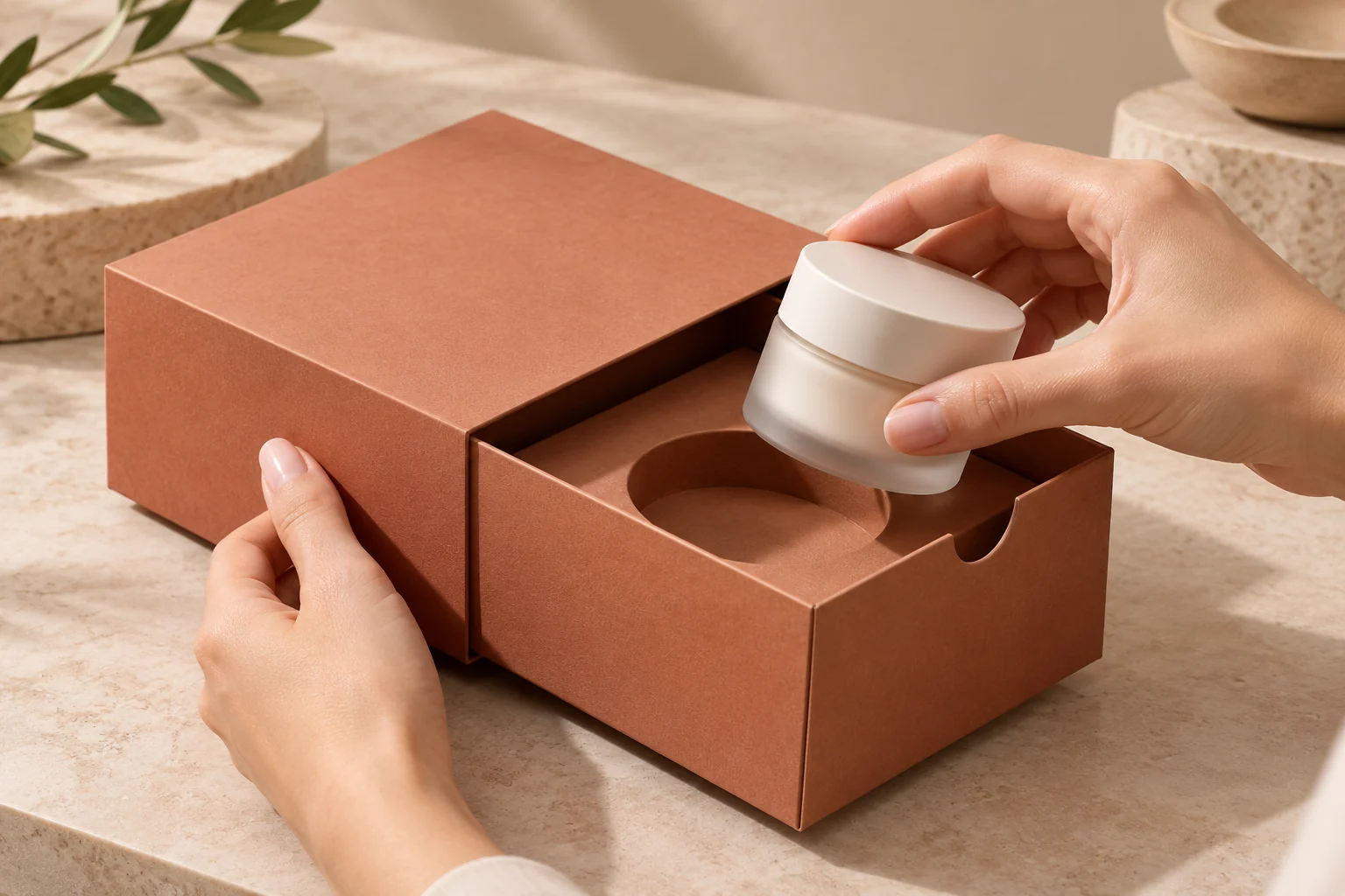 AI concept of a hand removing a skincare jar from an open drawer tray