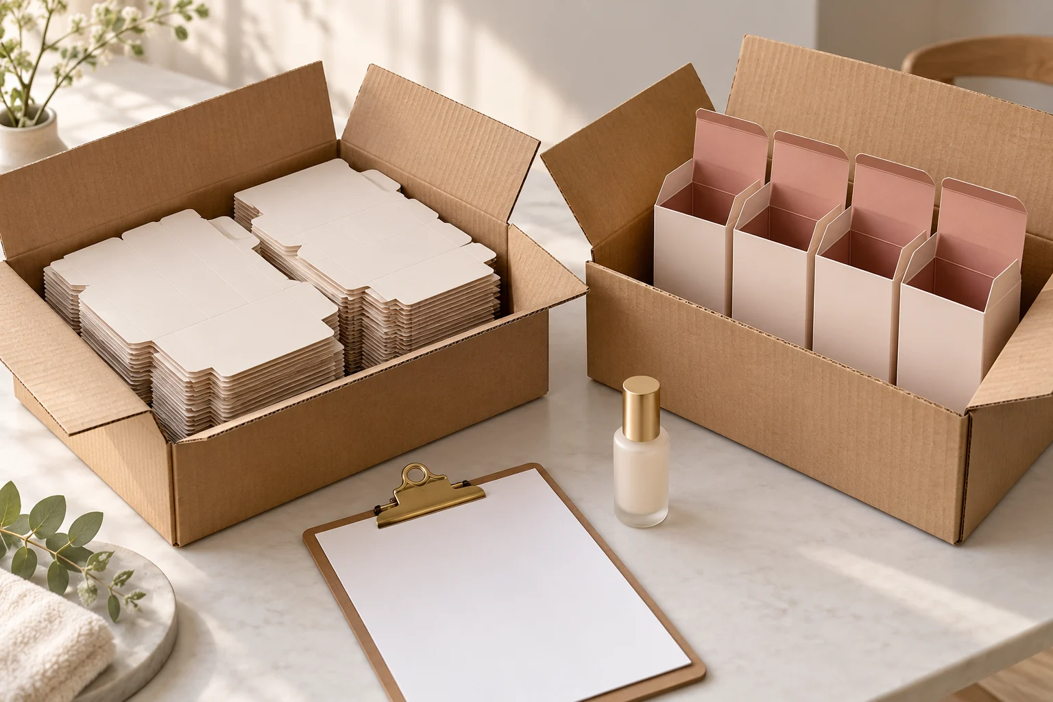 AI concept of inbound cases holding flat and assembled empty beauty boxes