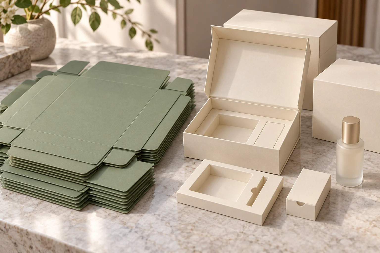 AI-generated concept comparing flat-folded and assembled empty beauty gift boxes