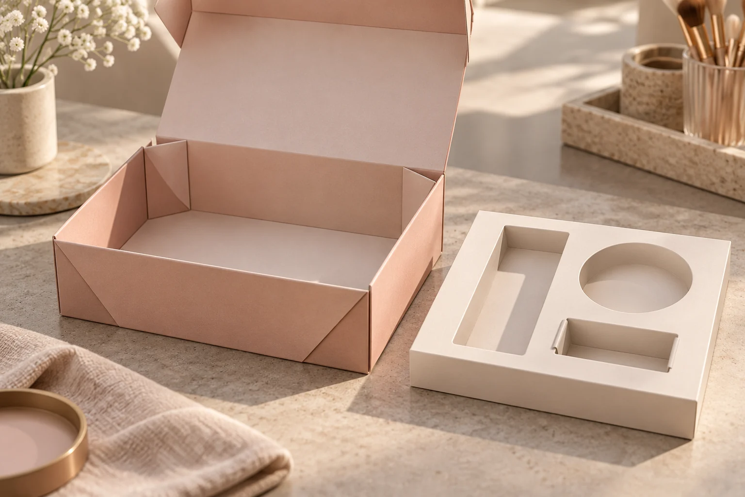 AI concept of a collapsible beauty box with corner panels beside a separate insert