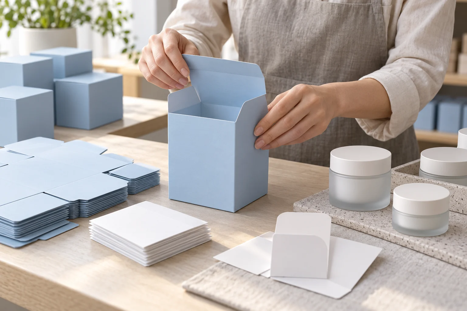 AI concept of hands assembling a beauty carton at a sample packing bench