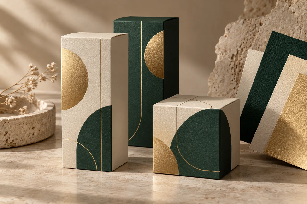 AI-generated concept of textured beauty cartons with a small gold foil motif