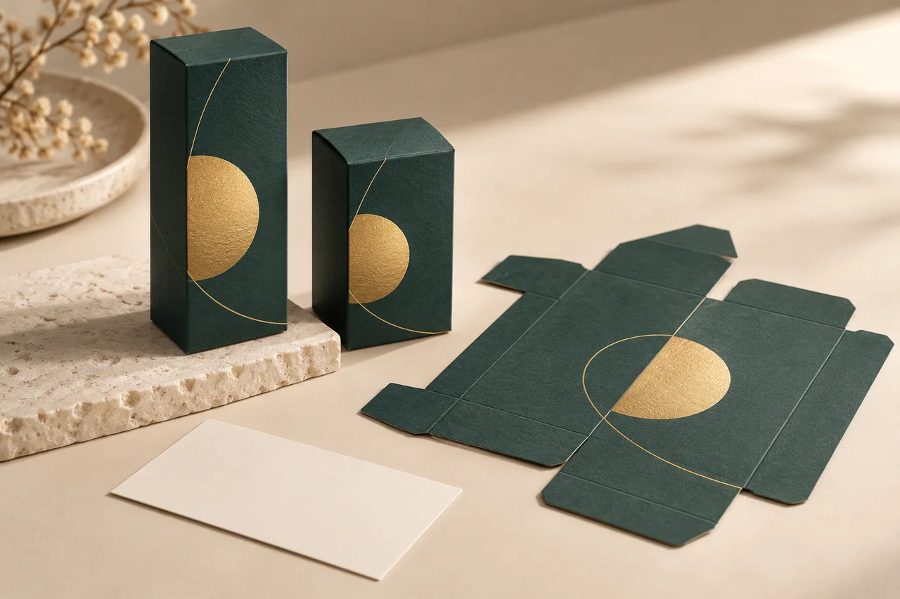 AI-generated concept of assembled cartons beside a flat foil proof