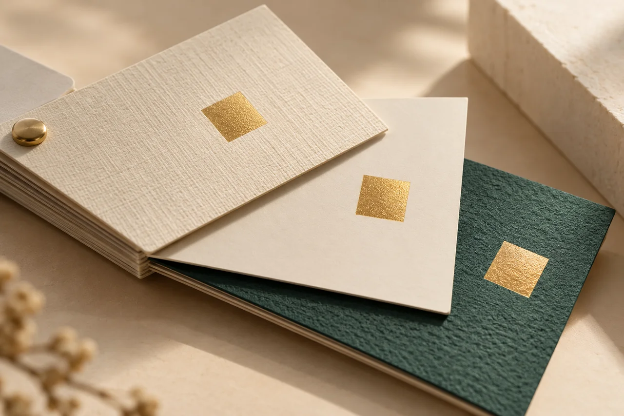 AI-generated concept of textured and smooth paper swatches with foil
