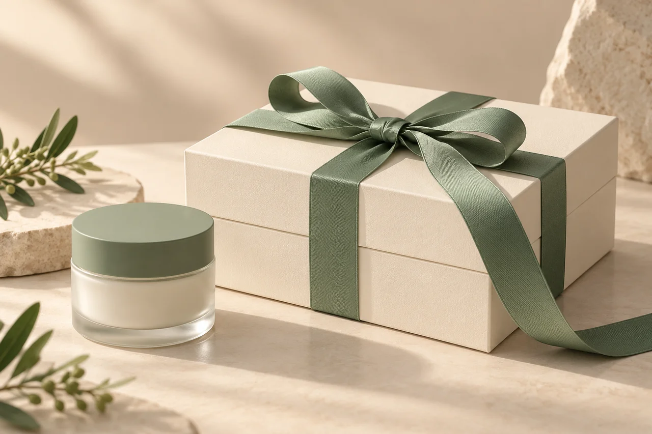 AI-generated concept of a beauty gift box with a loose ribbon wrap