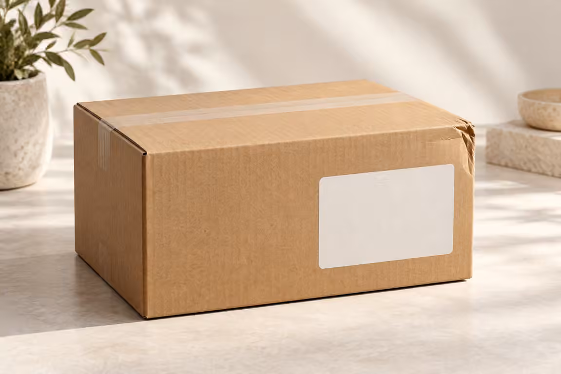 AI-generated concept of an unopened parcel with a dented corner and camera