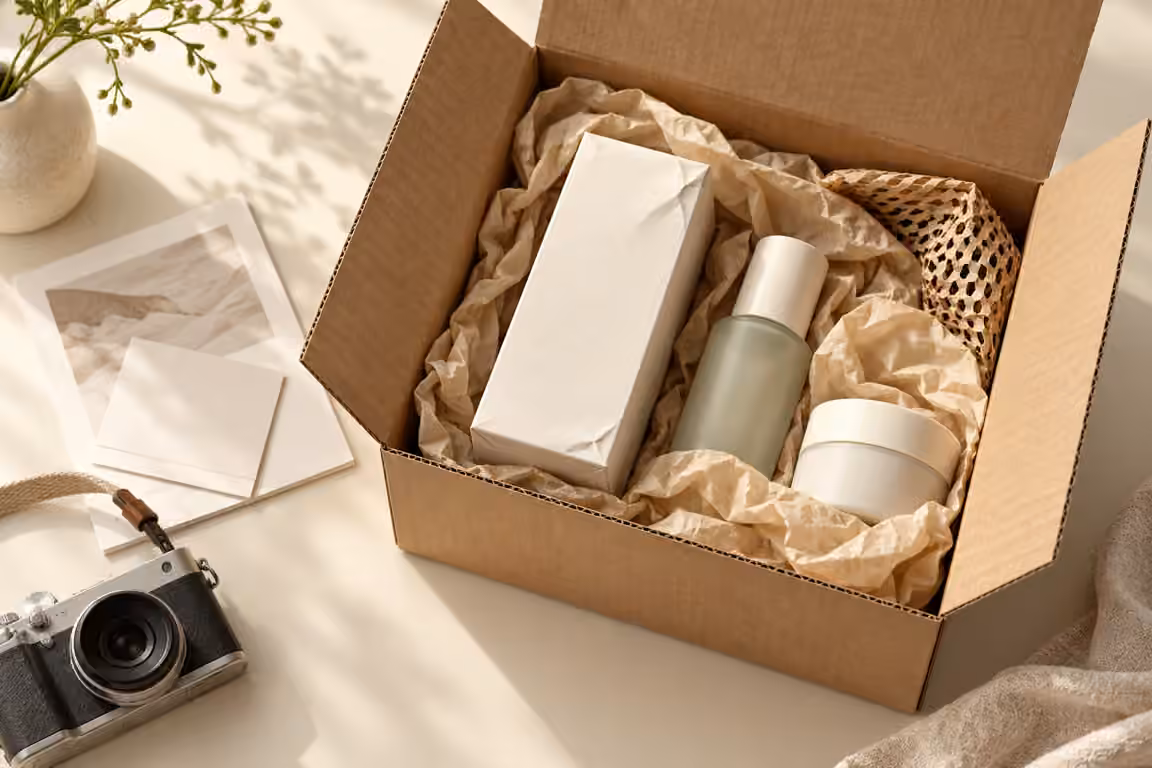 AI-generated concept of a beauty parcel and original cushioning ready for review