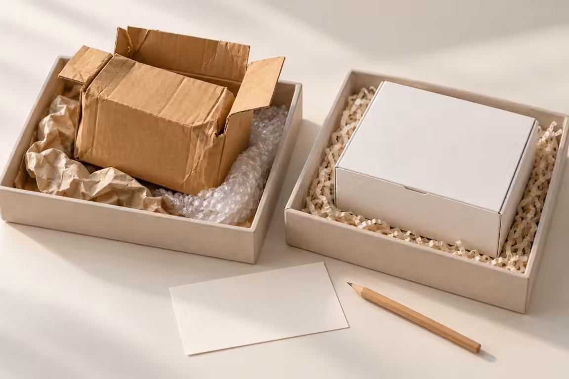 AI-generated concept of original materials kept beside a separate packaging proposal