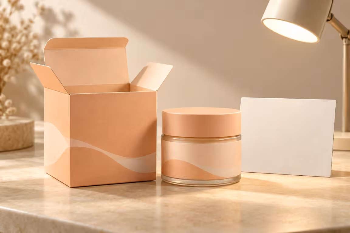 AI-generated concept of an open carton and matching container under a review lamp