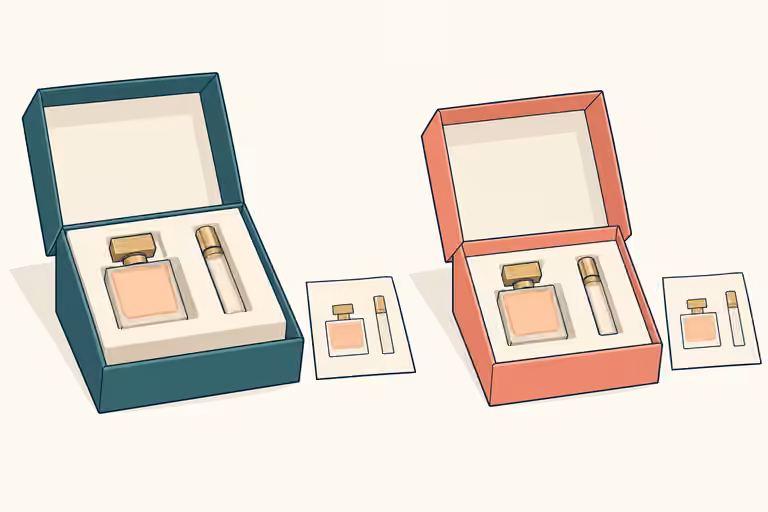 AI-generated concept of fragrance box samples with different insert positions