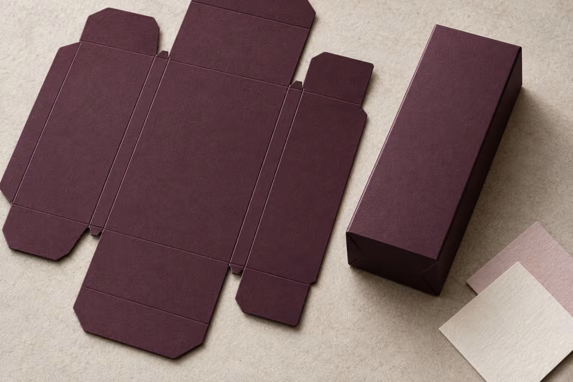 AI-generated concept of flat and folded dark carton samples beside paper swatches