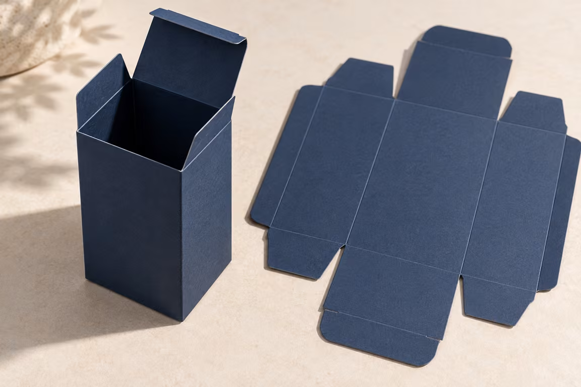 AI-generated concept of a navy skincare carton beside a matching flat blank