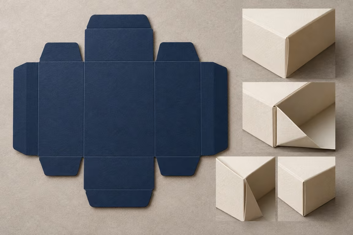 AI-generated concept of a dark carton blank beside unprinted folded paperboard corners
