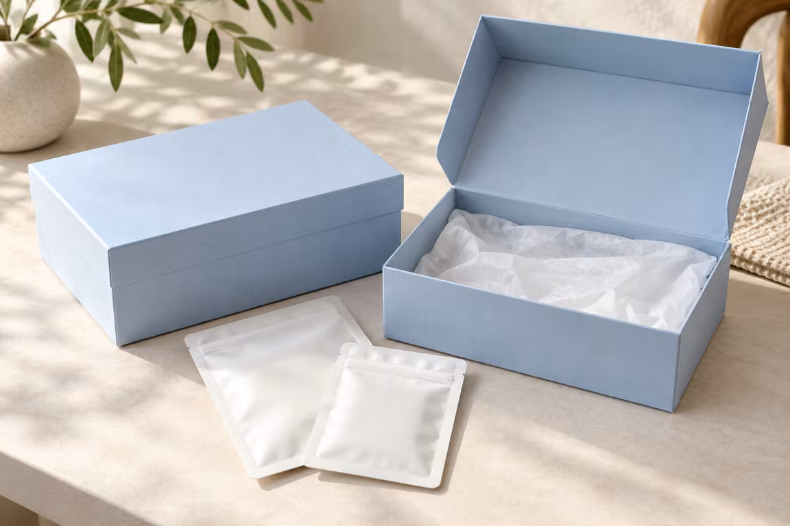 AI-generated concept of open and closed empty gift boxes beside unmarked sample bags