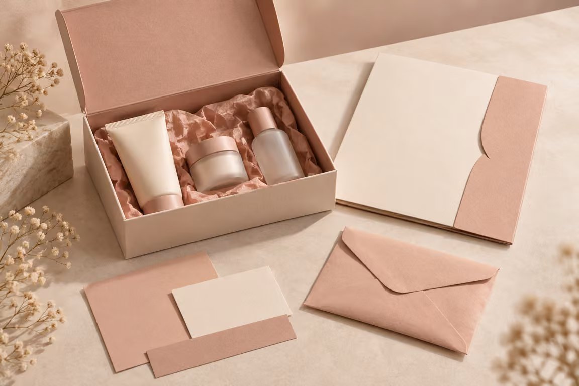 AI-generated concept of a gift box and components beside a blank review folder