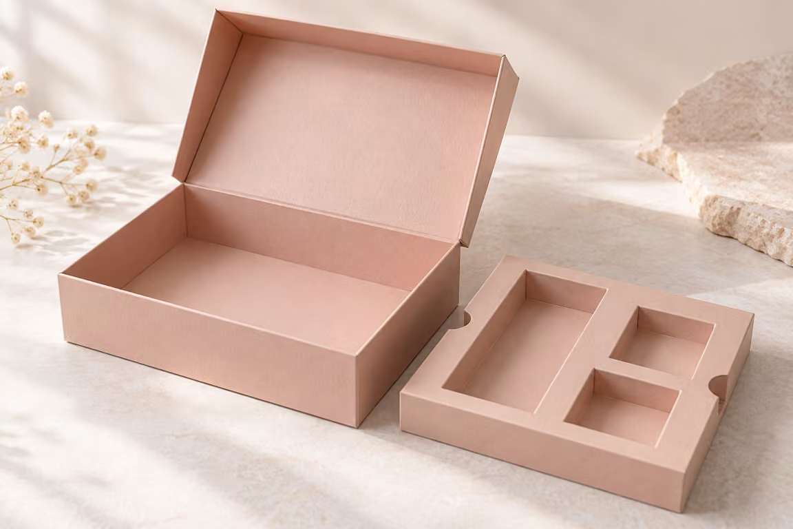 AI-generated concept of an open blush cosmetic gift box with a separate paper insert