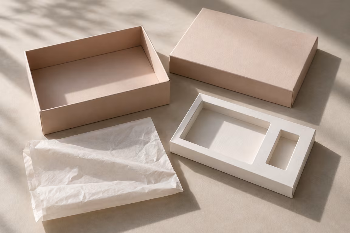 AI-generated concept of separate gift box lid, base, paper insert and tissue
