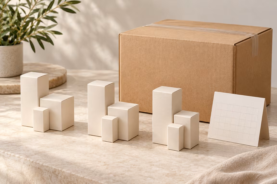 AI-generated concept of small supply bundles beside a larger carton and blank planning card