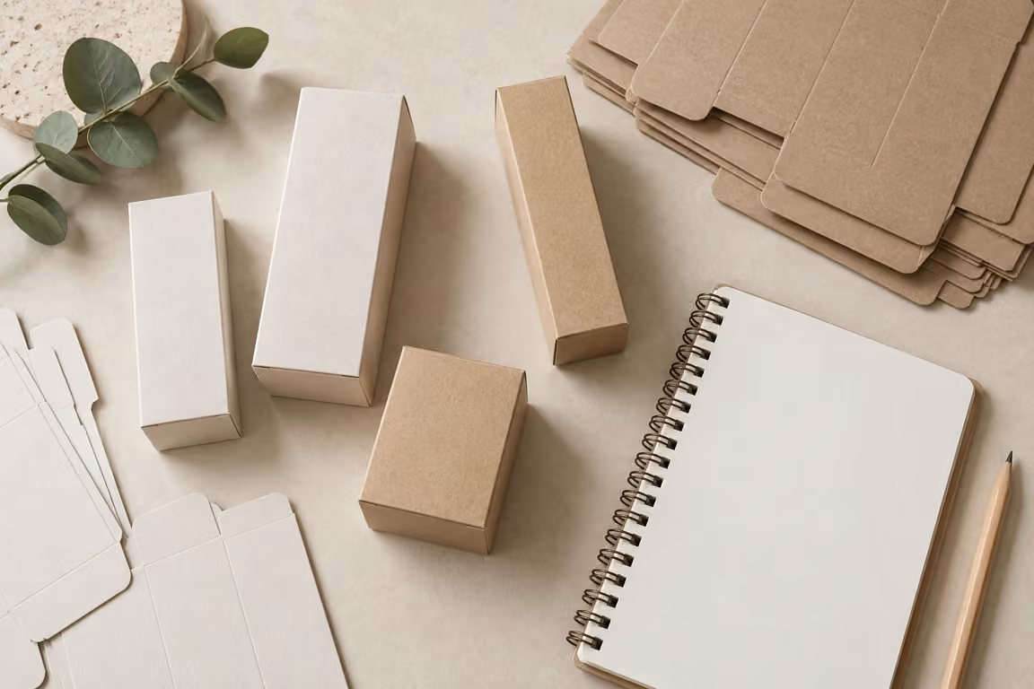AI-generated concept of cosmetic carton bundles beside an unmarked inventory notebook