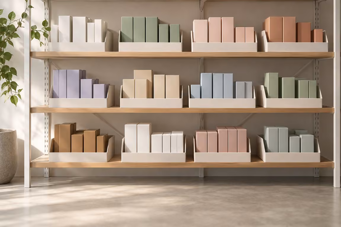 AI-generated concept of separated carton bundles on clean open shelving