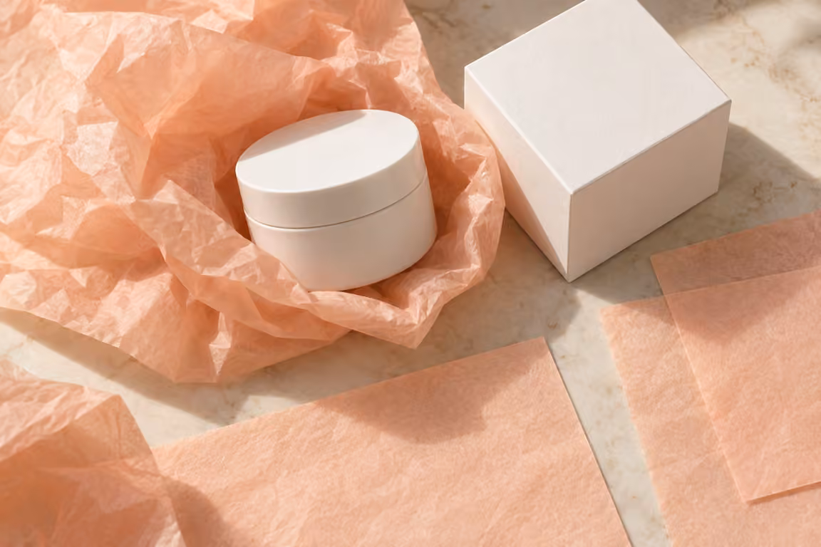 AI-generated concept of tissue beside the outside surfaces of sealed cosmetic packaging